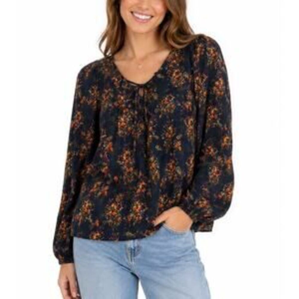 Natural Life Rowan Peasant Blouse Womens Large Boho Floral Top Sheer Navy